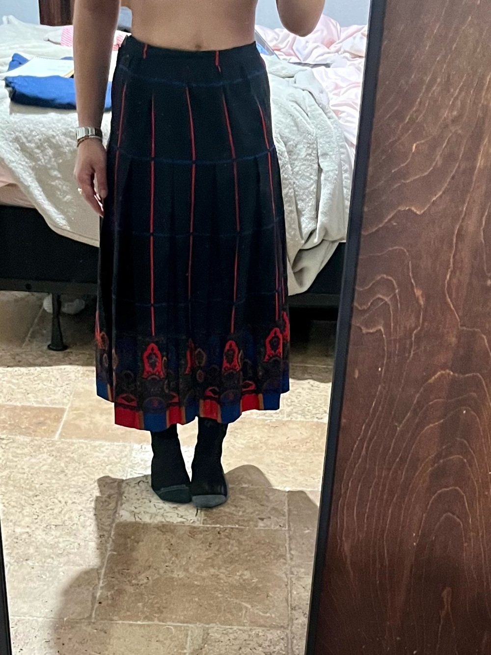 Black Midi Skirt with Red & Blue Accent